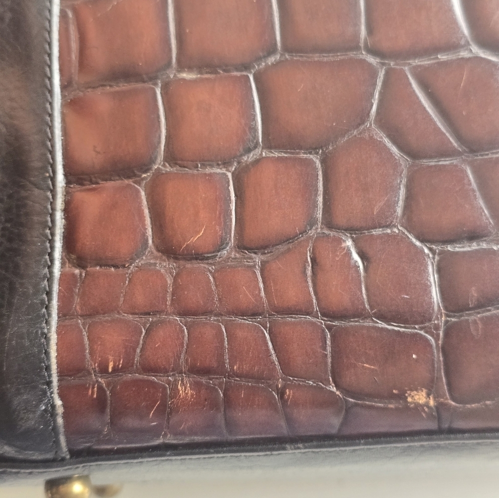 VTG Brahmin Tote Leather Handbag Women Crocodile Print Brown Black Rare - Picture 8 of 15